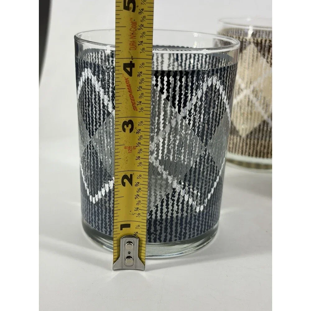 Vintage Rocks Glasses Set of 4 Mid Century Barware Diamond Plaid Harlequin